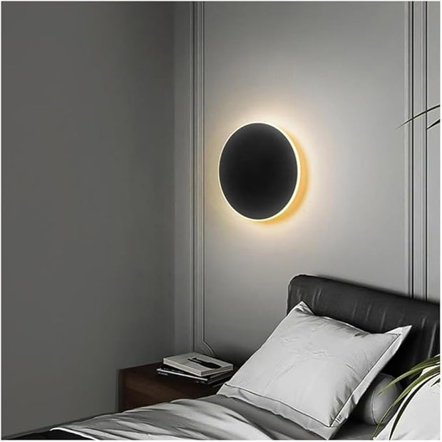 Modern Nordic Round LED Wall Light Black Metal 3000K Warm Light Gold Glow Wall Mounted Lamp for Bedroom Living Room Hallway Stairway Minimalist Ambient Wall Sconce(Dark,8"/20cm)