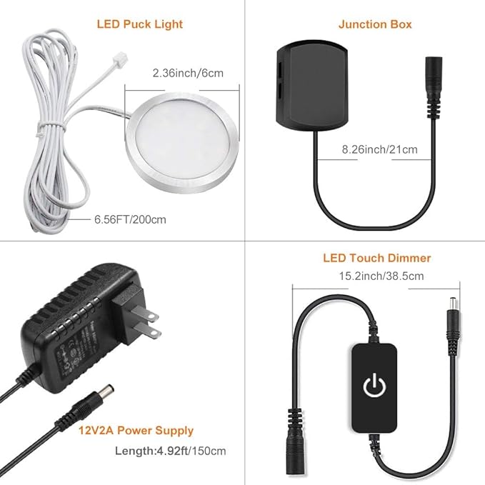 YGS-Tech LED Under Cabinet Lighting Kit, 1020 Lumens LED Puck Light, 5000K Daylight White, CRI90+, Touch Dimming, Silver Trim All Accessories Included, for Kitchen, Closet Lights, Safe Light, 6-Pack