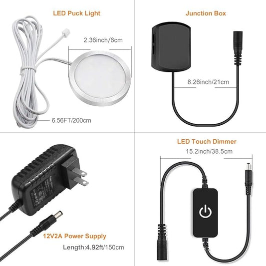 YGS-Tech LED Under Cabinet Lighting Kit, 1020 Lumens LED Puck Light, 3000K Warm White, CRI90+, Touch Dimming, Silver Trim All Accessories Included, for Kitchen, Closet Lights, Safe Light, 6-Pack