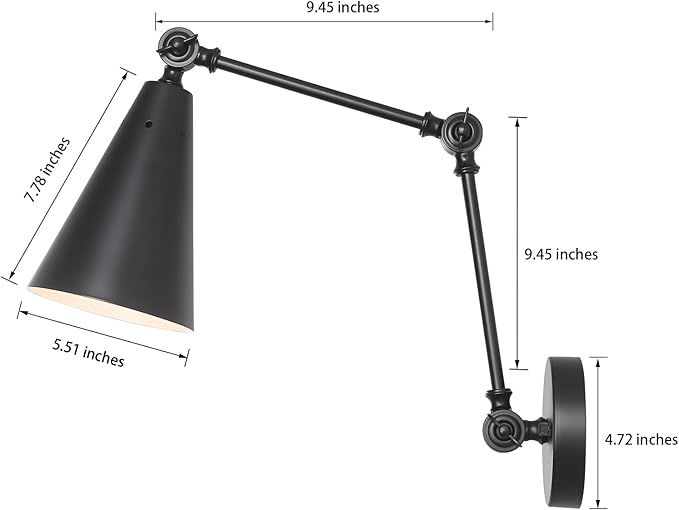 MWZ Black Swing Arm Wireless Rechargeable Sconces Set of 2,Battery Operated Dimmable 3 Color Cordless Wall Lamp with Remote,Indoor Wall Mounted Light Fixture with Cone Metal Shade for Bedside