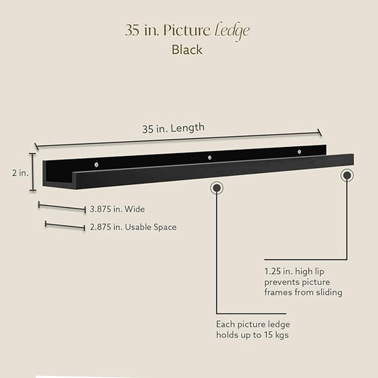 Opposite Wall 35 in Black Pine Wood Wall Mounted Floating Picture Ledge Shelf | Minimalist, Ideal for Bedroom, Kitchen, Bathroom, Office, Easy Installation, Mounting Hardware Included