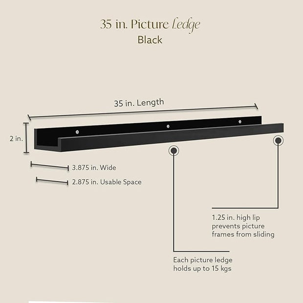 Opposite Wall 35 in Black Pine Wood Wall Mounted Floating Picture Ledge Shelf | Minimalist, Ideal for Bedroom, Kitchen, Bathroom, Office, Easy Installation, Mounting Hardware Included