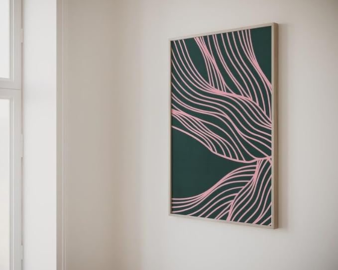 Nationcog Modern Emerald Green Pink Organic Lines Art, Minimalist Mid-Century Wall Decor, Contemporary Trendy Home Accent, Aesthetic Easter Gift Idea (Unframed) (27x40)