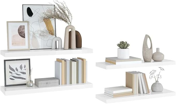 Set of 4 High Gloss White Honeycomb MDF Floating Wall Shelves with Metal Brackets for Modern Storage and Display