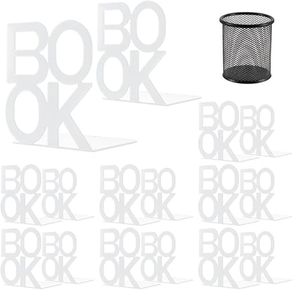 Book Ends - Decorative Metal Book Ends Supports for Bookrack Desk,Books, Unique Appearance Design,Heavy Duty (White, 8 Pair)