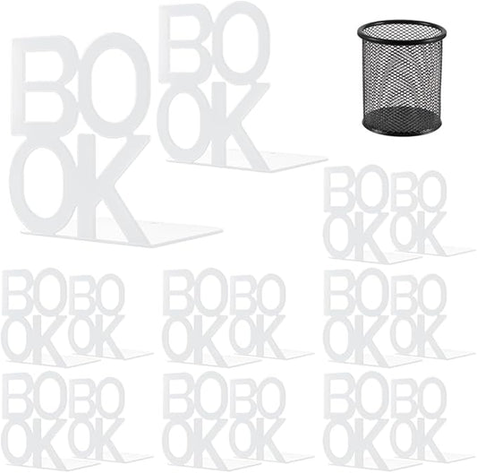 Book Ends - Decorative Metal Book Ends Supports for Bookrack Desk,Books, Unique Appearance Design,Heavy Duty (White, 8 Pair)