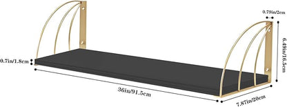 Long 36 inch Black Floating Shelves for Wall - Curved Fan-Shaped Design with Built-in Anti-Slip Book Stops|0.71" Thicker Heavy Duty Wall Bookshelf|Back Gold Shelves for Books, Home Décor Set of 2