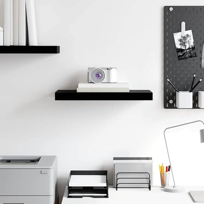 High-Gloss Black Floating Wall Shelf with Honeycomb MDF and Metal Frame, 19.7x9.1 Inches, Supports 15.4 lbs for Displaying Books and Artwork, Easy Installation, Modern Home