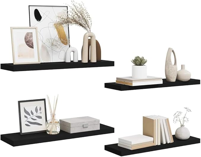 Black Honeycomb MDF Metal Medium Floating Wall Shelf Set of 4, Matte Black Modern Wall Mounted Shelves for Living Room Office Bedroom Storage Display