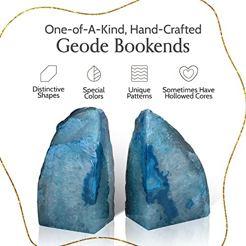 Nature's Decorations Teal Agate Bookends – A+ Grade Geode Heavy Duty Decorative Stone Crystal for Shelves & Bookcases, Natural Polished Bookshelf Decor, 1 Pair 4-6Lbs