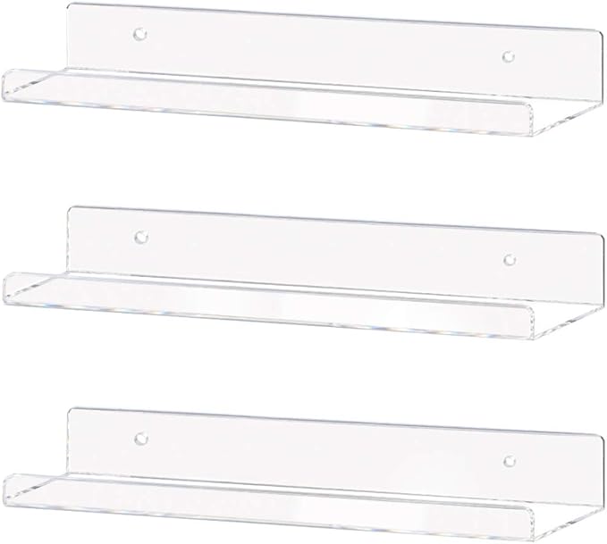 Weiai Clear Acrylic Shelf 15" Invisible Floating Wall Ledge Bookshelf, Kids Book Display Shelves Wall Mounted (15 Inch 3Pack)