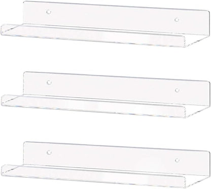 Weiai Clear Acrylic Shelf 15" Invisible Floating Wall Ledge Bookshelf, Kids Book Display Shelves Wall Mounted (15 Inch 3Pack)