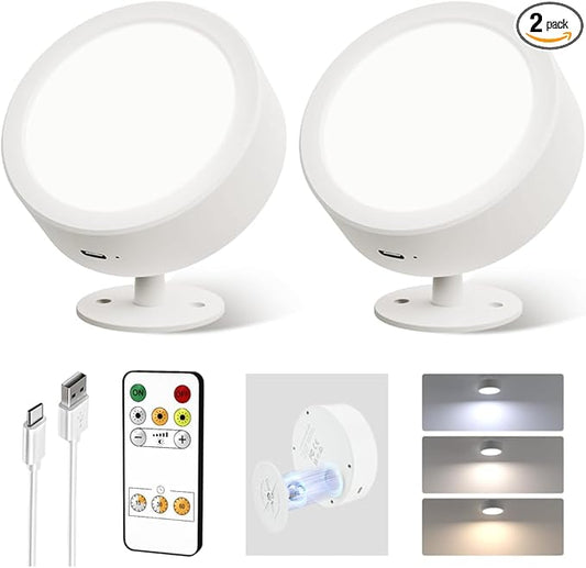 EZVALO LED Wall Mounted Light, 3000mAh Rechargeable Cordless Wall Sconce, Dimmable with Remote & Touch Control, 3 Color Temps, 360° Rotatable for Bedroom, Bedside, Reading(White, 2Pack)