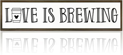 Coffee Decor Sign, Love Signs for Home Kitchen Decor, Coffee Station Decors for Wall, Cafe Decoration, Rustic Wooden Hanging Signs, Love is Brewing Sign, 17.8x4x1.2 inches