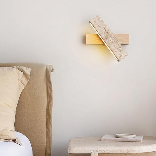 Modern LED Wall Sconce Wood Base Travertine Style Bar Light Minimalist Japandi Fixture Asymmetrical Design for Bedroom Hallway Living Room Accent(Natural)