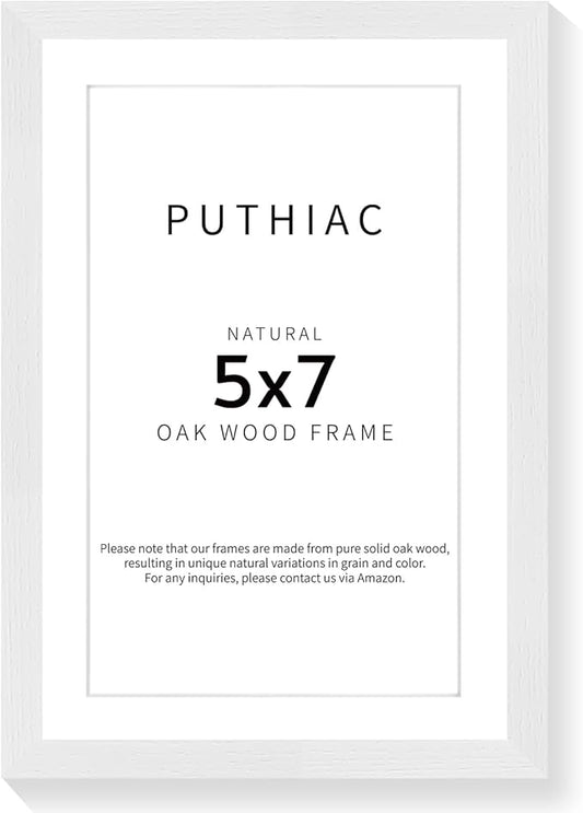 puthiac 5x7 Solid Oak Wood Picture Frame, Fits 4x6 with Mat or 5x7 Without Mat, Wall or Tabletop Display with Stand, Vertical or Horizontal, Plexi Front, 1 Pack, White