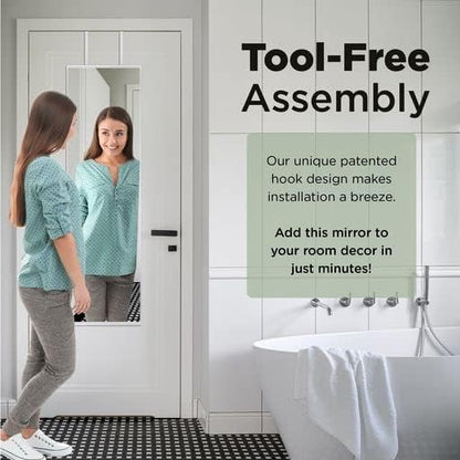 Over The Door Mirror, Full Length Hanging Mirror 48 x 13.7 Inches, Aluminum Frame, Slim Door Mirror for Bedroom, Bathroom, Closet