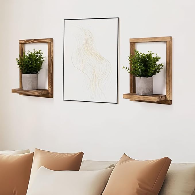2 Pack Wooden Framed Shelves with Fake Plants for Home Wall Decor, Modern Farmhouse Wood Wall Art for Living Room, Bedroom, Bathroom