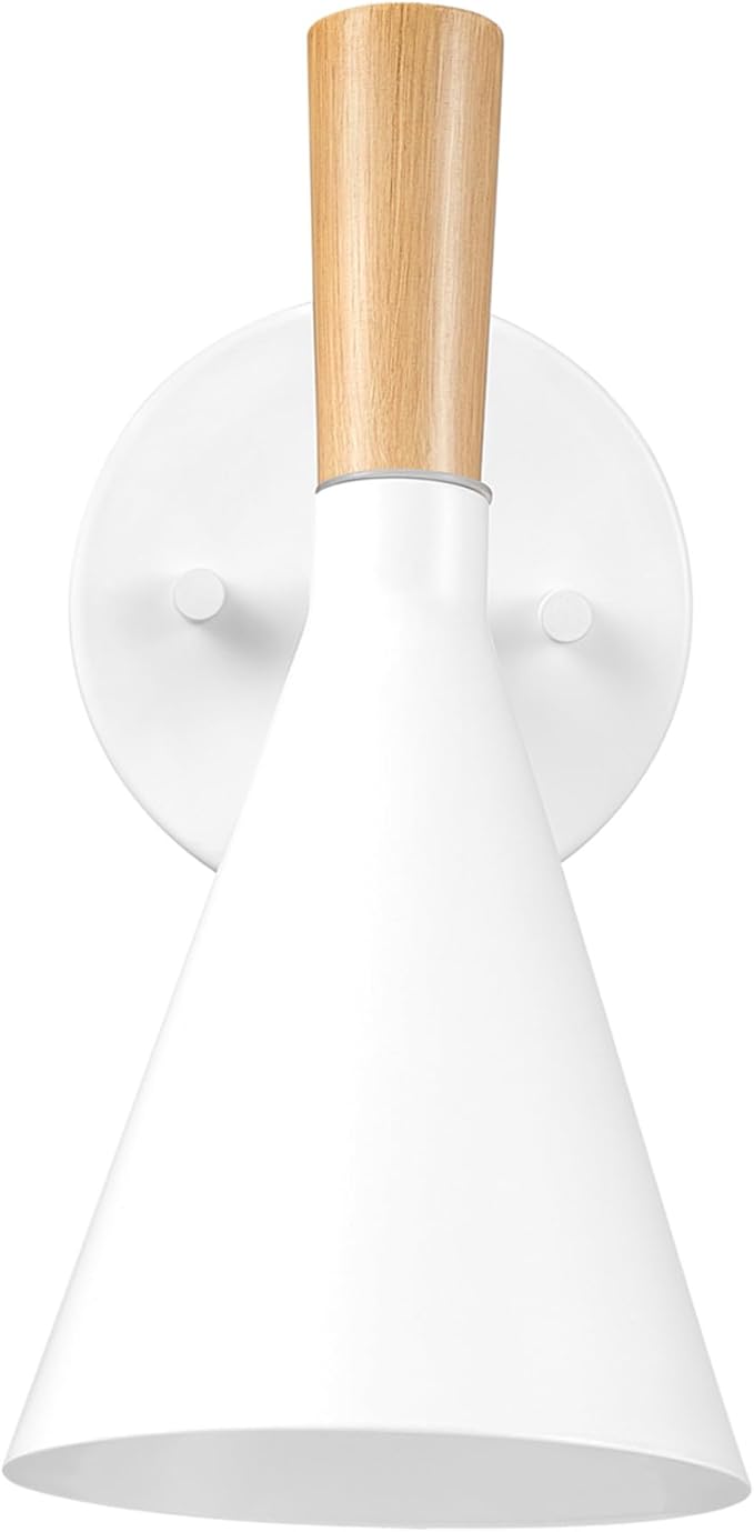 Globe Electric 65000147 1-Light Plug-in or Hardwire Wall Sconce, Matte White, Light Wood-Toned On/Off Rotary Switch on Pivoting Shade, 6ft White Braided Fabric Cord, Wall Lights for Living Room
