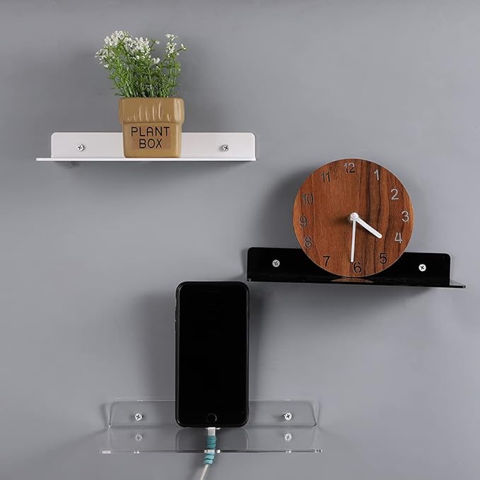 IEEK 9 Inch Acrylic Floating Shelves Set of 4,Small Wall Display Shelf for Bluetooth Speakers/Security Cameras/Nintendo Switch/Action Figures,Damage-Free Wall Shelves Stick-On Shelf,White