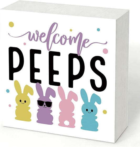 Easter Desk Decorations Every Bunny Welcome Wooden Box Sign, Bunny Rabbit Spring Tabletop Decor, Farmhouse Shelf Plaque for Home Office Living Room Easter Decorations