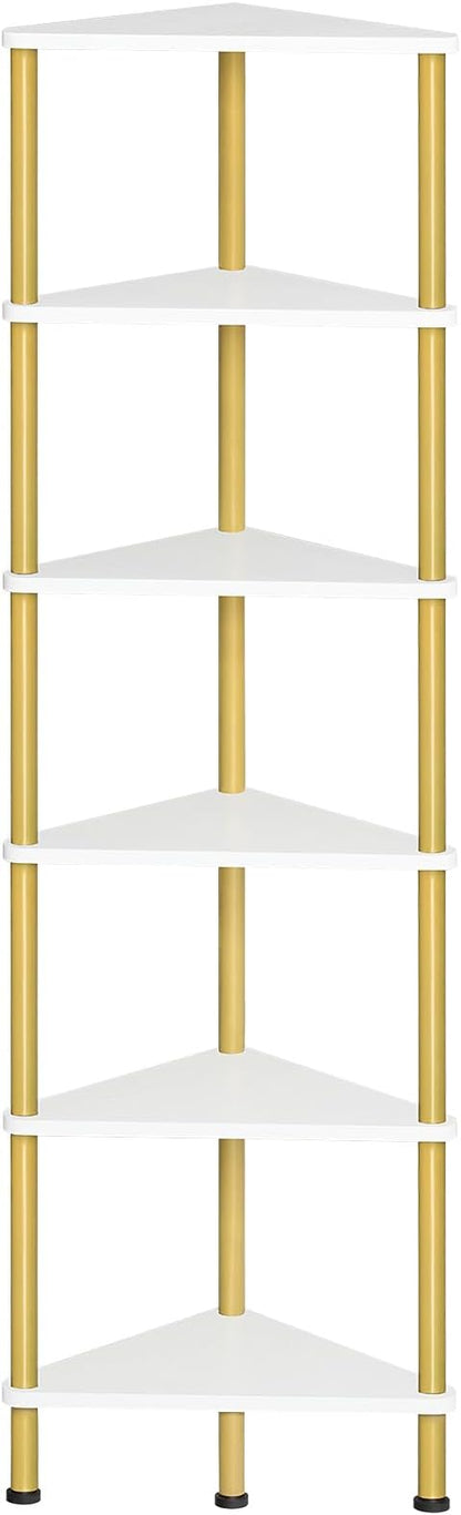 HOOBRO Corner Shelf Stand, Industrial 6-Tier Wall Corner Bookshelf with Metal Frame, Plant Display Shelf, Bookcase for Small Spaces, Living Room, White and Gold DW36CJ01
