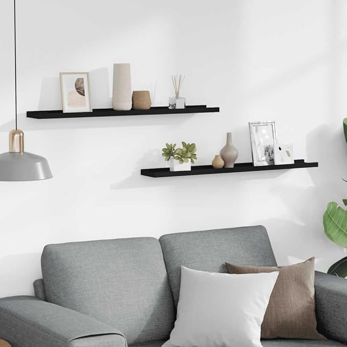 Set of 2 Black Frame Ledge Shelves 31.5 Inch Wall Mounted MDF Modern Display Shelving for Photos Decor Minimalist Home Decor