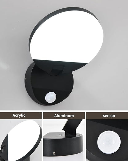 Wired Motion Sensor Outdoor Lights Fixtures LED 18W Modern Exterior Porch Lights Wall Sconces Light for Doorway Patio Garage Matt Black Round 6000K Cool White