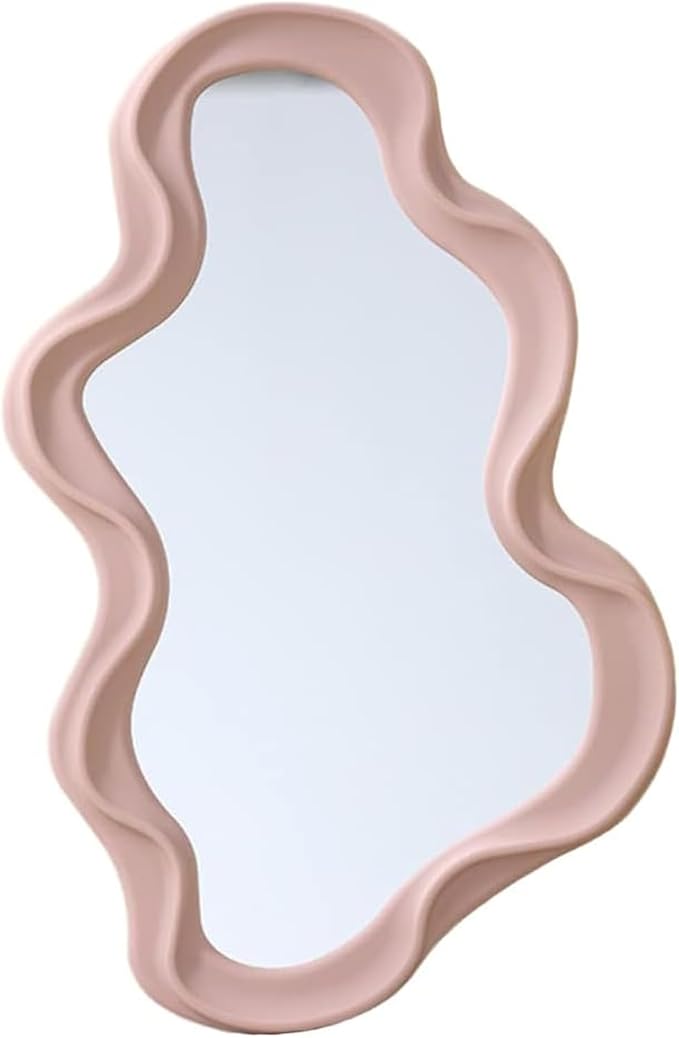Mokoze Asymmetrical Wall-Mounted Mirror, Creative Unique Decorative Mirrors, Funky Wavy Mirror 16.14"x9.84" Irregular Border Pink Mirror for Bathroom Living Room Decoration