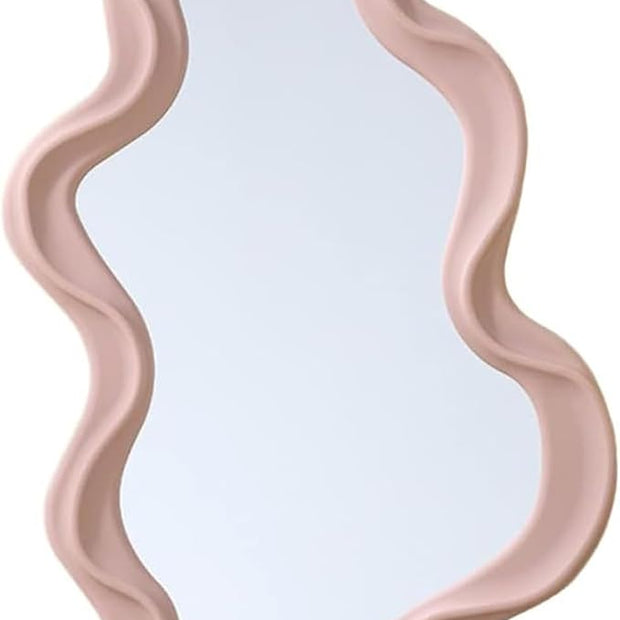 Mokoze Asymmetrical Wall-Mounted Mirror, Creative Unique Decorative Mirrors, Funky Wavy Mirror 16.14"x9.84" Irregular Border Pink Mirror for Bathroom Living Room Decoration