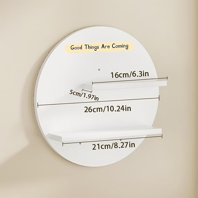 Round Wall Mounted Floating Shelves, 2-Tier Decorative Display Shelf with Customizable Message Board, Minimalist Wall Shelf for Candles, Plants, Small Decor (White)