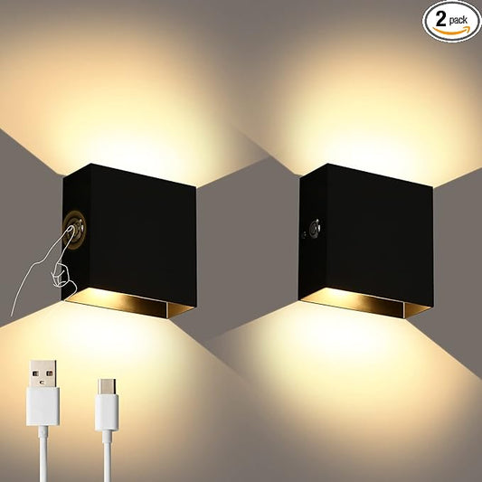 Lightess LED Wall Sconce Battery Powered Set of 2, Touch Control Dimmable Wall Lamp Rechargeable Black, Up Down Wall Mount Lights for Hallway Living Room, Warm White, LG9939111