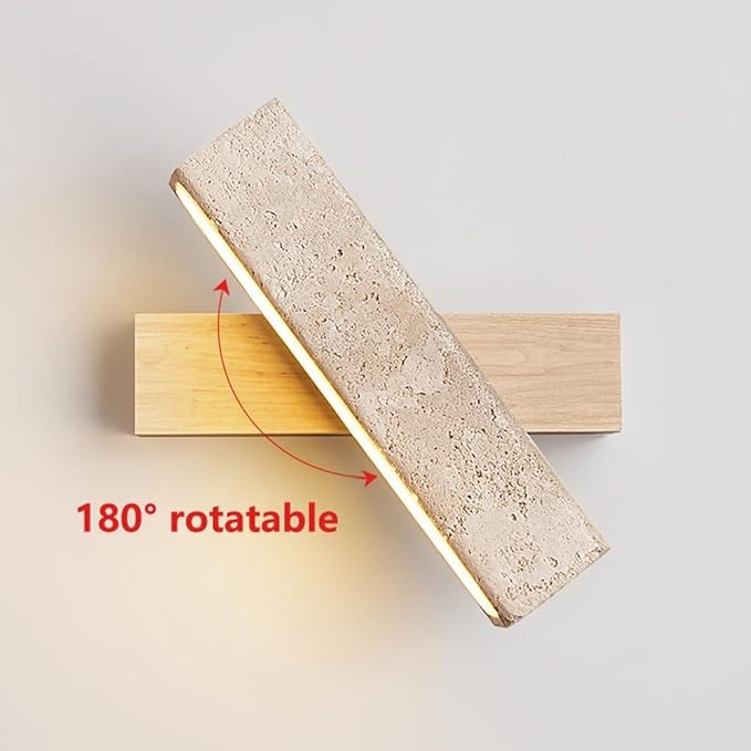 Modern LED Wall Sconce Wood Base Travertine Style Bar Light Minimalist Japandi Fixture Asymmetrical Design for Bedroom Hallway Living Room Accent(Brown)