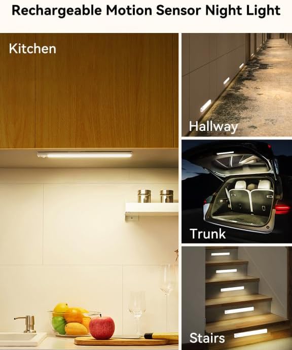 12-Pack Under Cabinet Lighting with 2 Charging Station 8-Inch USB Rechargeable Motion Sensor Light Indoor 3 Color Dimmable Closet Light, Stick on LED Magnetic Under Counter Lights for Kitchen