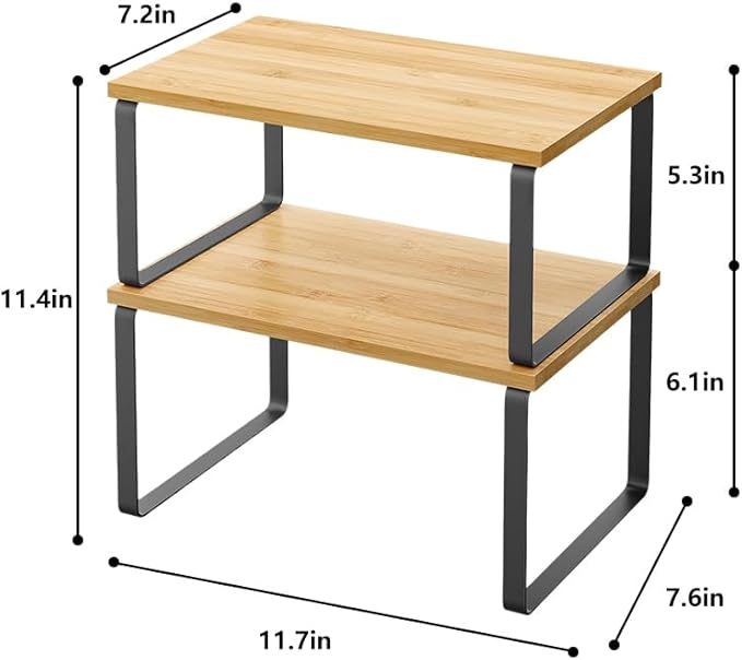 Cabinet Organizer Shelf, Set of 2 Stackable Counter Shelves, Wood and Metal Cabinet Storage Rack, Expandable Kitchen Spice Rack, Multi-Purpose Shelf for Pantry, Bathroom, or Tabletop