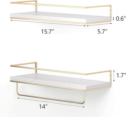 Shario White Floating Shelves - Set of 2, Wall Mounted Hanging Shelves with Golden Towel Rack, Decorative Storage Shelves for Bathroom, Kitchen, Living Room & Bedroom (White Gold, 15.7 Inches) | Hanging Shelves, for Bathroom, Kitchen, Living Room, Bedroom