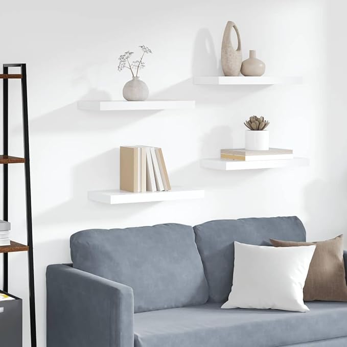 White Honeycomb MDF Metal Medium Floating Wall Shelves Set of 4, Modern Minimalist Display Storage for Books and Decor, Easy Installation with Hardware, Durable Space-Saving