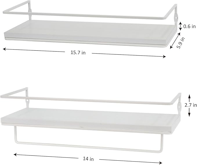 Floating Bathroom Wood Shelves Set of 2 Wall Mounted Shelf with Black Metal Frame and Towel Rack for Bathroom Over Toilet Storage and Organizers for Bedroom Living Room Kitchen Office(White)