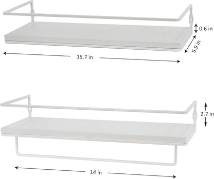 Floating Bathroom Wood Shelves Set of 2 Wall Mounted Shelf with Black Metal Frame and Towel Rack for Bathroom Over Toilet Storage and Organizers for Bedroom Living Room Kitchen Office(White)