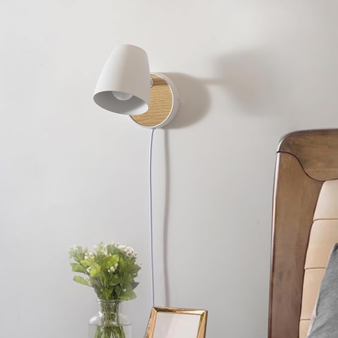 Wall Sconce Plug in,White Wall Lights for Bedroom,Modern Wood Sconces Light with 180°Rotation Metal Shade,e26 Wall Lamp with Switch for Living Room,Nightstand,Dining Room,Hallway,Corner,Stairway