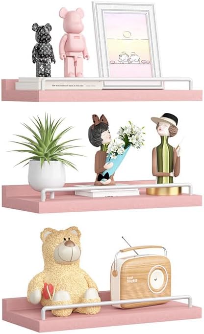 Small Floating Shelf, 6X9 Inches Farmhouse Wall Shelves for Living Room, Bedroom, Picture Frames, Plants, Kitchen, Set of 3 (Pink and White)