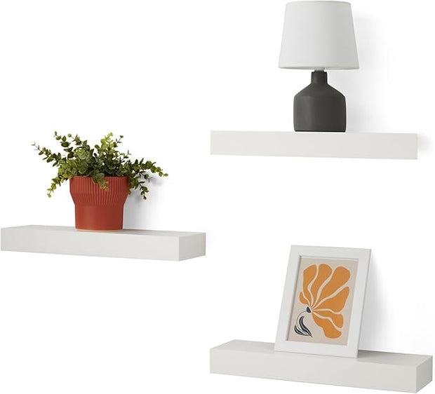 Amazon Basics Wood Floating Wall Shelves, 3-Pack, White, 15.8" x 5" x 1.8"