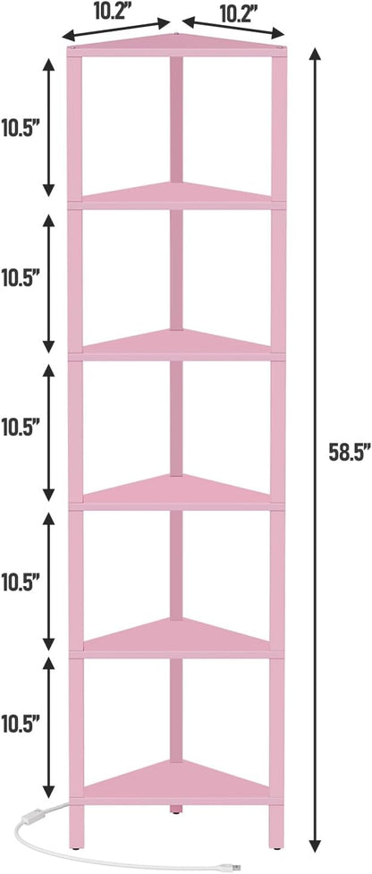 TUTOTAK Corner Shelf with LED Light, 6-Tier Corner Bookshelf for Small Space, Narrow Display Corner Shelf Stand with Storage Rack, for Living Room, Bedroom, Pink BS05BP006L
