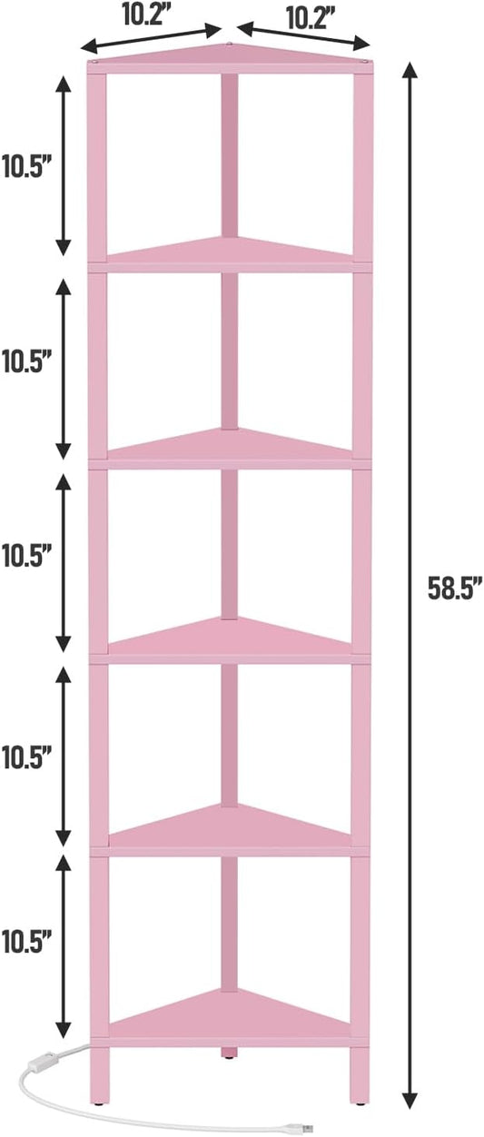 TUTOTAK Corner Shelf with LED Light, 6-Tier Corner Bookshelf for Small Space, Narrow Display Corner Shelf Stand with Storage Rack, for Living Room, Bedroom, Pink BS05BP006L