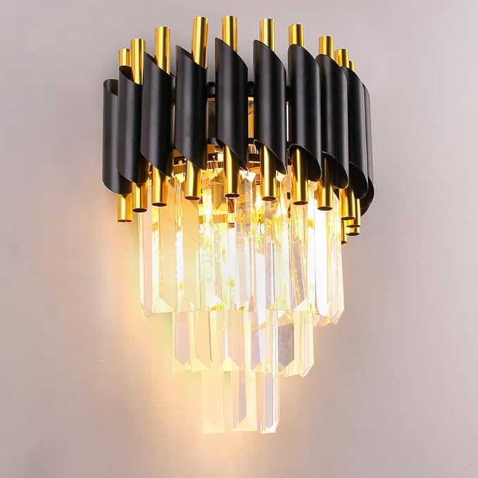 FRIXCHUR Crystal Wall Sconce Black Modern Lamp Mounted Light Fixture for Bedroom Bedside Living Room Hallway Bathroom 2X E12 Base