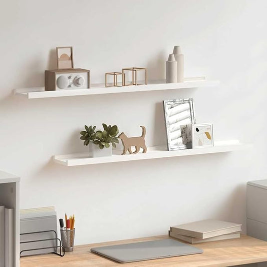 Picture Frame Ledge Shelves Set of 2, White Wall Mounted Display Shelves for Photos and Decor, 31.5 Inch Floating Shelf, Easy Install MDF Board with Protective Front Edge