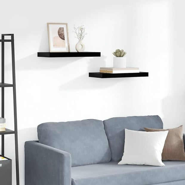 Floating Wall Shelf Set of 2 High Gloss Black Honeycomb MDF Metal Modern Storage Display