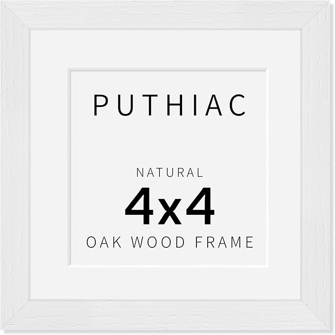 puthiac 4x4 Solid Oak Wood Picture Frame, Fits 3x3 with Mat or 4x4 Without Mat, Wall or Tabletop Display with Stand, Plexi Front, 1 Pack, White