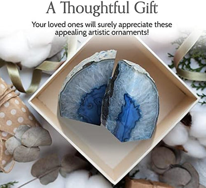 Nature's Decorations A+ Quality Blue Agate Geode Bookends - Heavy Duty with Non-Skid Rubber Bumpers for Shelves, Office, Home Decor - Cool Crystal Stone (1 Pair 2-3 LB)