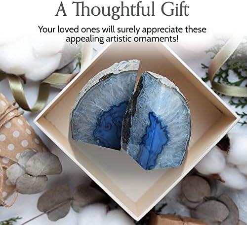 Nature's Decorations Blue Agate Bookends – A+ Grade Geode Heavy Duty Decorative Stone Crystal for Shelves & Bookcases, Natural Polished Bookshelf Decor, 1 Pair 3-4Lbs